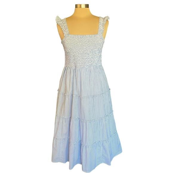 J Crew Blue White Stripe Smocked Tiered Midi Dress Size M Coastal Sundress Beach - Picture 1 of 10